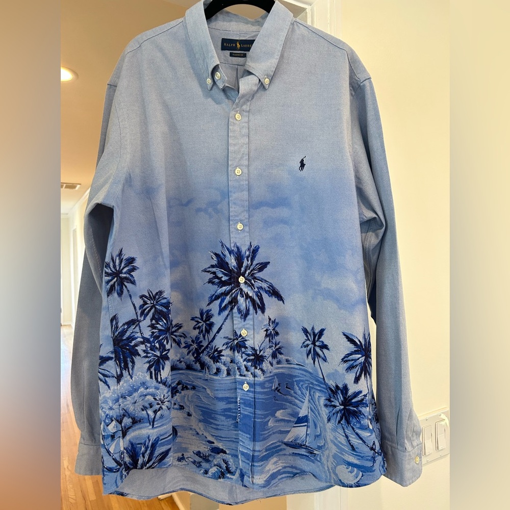 Ralph Lauren Blue Tropical Hawaiian Print Men's oxford shirt, XL, Preowned